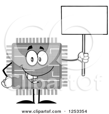 Clipart of a Happy Grayscale Microchip Character Holding up a Blank Sign - Royalty Free Vector Illustration by Hit Toon