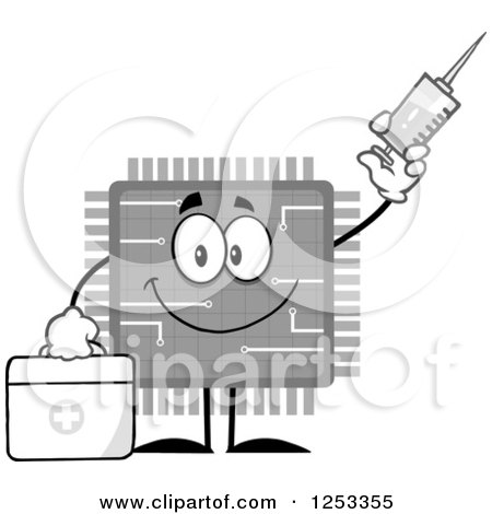 Clipart of a Happy Grayscale Microchip Character Holding a Syringe - Royalty Free Vector Illustration by Hit Toon