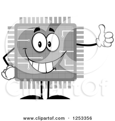 Clipart of a Happy Grayscale Microchip Character Holding a Thumb up - Royalty Free Vector Illustration by Hit Toon