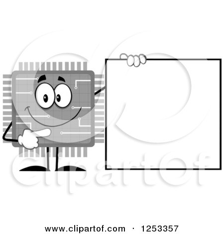 Clipart of a Happy Grayscale Microchip Character Pointing to a Blank Sign - Royalty Free Vector Illustration by Hit Toon