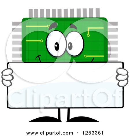 Clipart of a Happy Microchip Character Holding a Blank Sign - Royalty Free Vector Illustration by Hit Toon