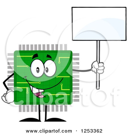 Clipart of a Happy Microchip Character Holding up a Blank Sign - Royalty Free Vector Illustration by Hit Toon