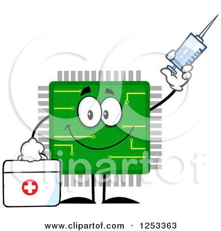 Clipart of a Happy Microchip Character Holding a Syringe - Royalty Free Vector Illustration by Hit Toon