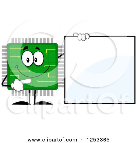 Clipart of a Happy Microchip Character Pointing to a Blank Sign - Royalty Free Vector Illustration by Hit Toon