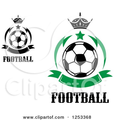 Clipart of Soccer Balls with Crowns Stars and Green Banners - Royalty Free Vector Illustration by Vector Tradition SM