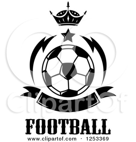 Clipart of a Black and White Soccer Ball with a Crown Star Banner and Football Text - Royalty Free Vector Illustration by Vector Tradition SM