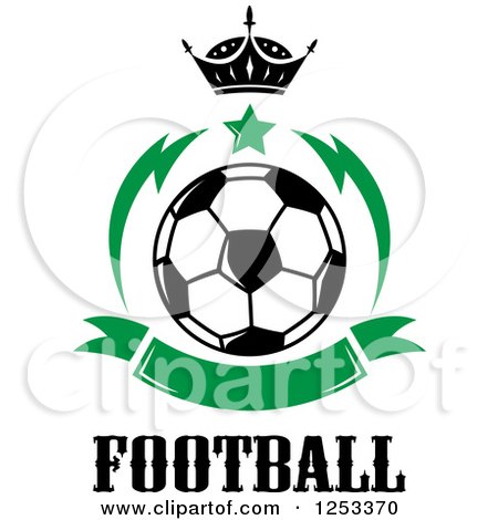 Clipart of a Soccer Ball with a Crown Star Green Banner and Football Text - Royalty Free Vector Illustration by Vector Tradition SM