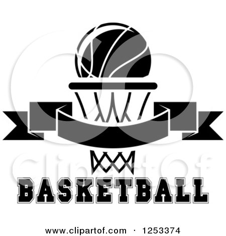 Clipart of a Black and White Basketball over a Banner, Hoop and Text - Royalty Free Vector Illustration by Vector Tradition SM