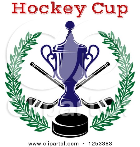 Clipart of a Championship Trophy with Hockey Sticks and a Puck in a Wreath with Text - Royalty Free Vector Illustration by Vector Tradition SM