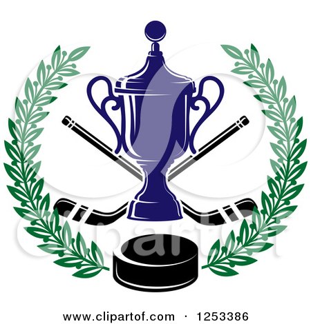 Clipart of a Championship Trophy with Hockey Sticks and a Puck in a Green Wreath - Royalty Free Vector Illustration by Vector Tradition SM