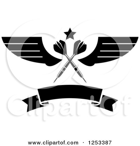 Clipart of Black and White Crossed Darts with a Star Wings and Blank Banner - Royalty Free Vector Illustration by Vector Tradition SM