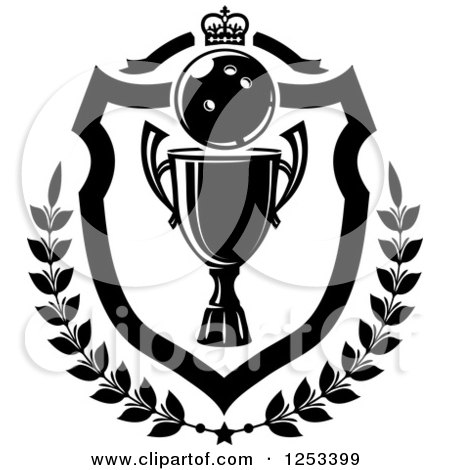 Clipart of a Black and White Bowling Ball and Championship Trophy Shield with a Crown and Laurel - Royalty Free Vector Illustration by Vector Tradition SM