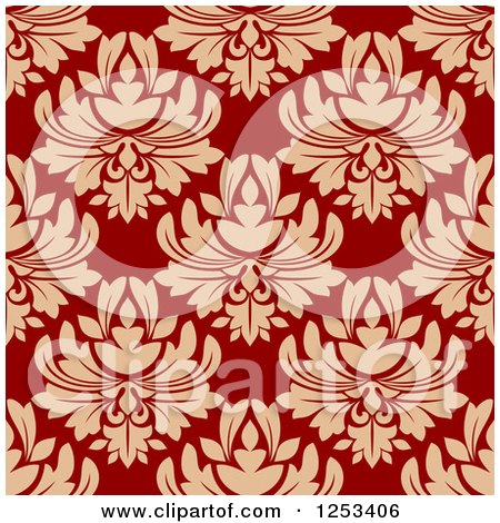 Clipart of a Seamless Background Pattern of Tan Damask on Red - Royalty Free Vector Illustration by Vector Tradition SM