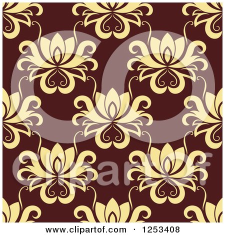 Clipart of a Seamless Background Pattern of Yellow Damask on Brown - Royalty Free Vector Illustration by Vector Tradition SM