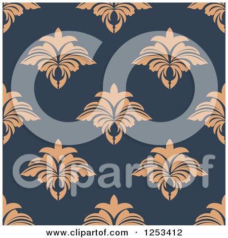 Clipart of a Seamless Background Pattern of Tan Damask on Blue - Royalty Free Vector Illustration by Vector Tradition SM