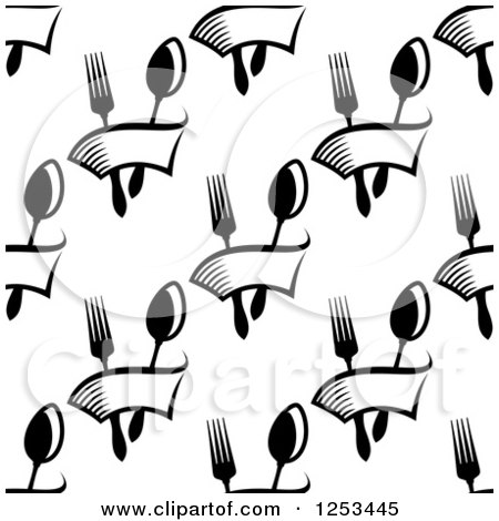 Clipart of a Seamless Background Pattern of Black and White Silverware and Banners - Royalty Free Vector Illustration by Vector Tradition SM