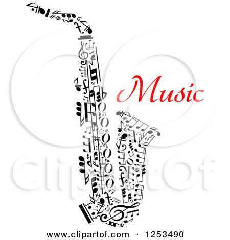 Clipart of a Black and White Saxophone Made of Music Notes and Red Text - Royalty Free Vector Illustration by Vector Tradition SM