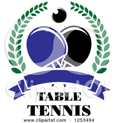 Clipart of a Ping Pong Ball and Paddles with a Banner and Laurel Wreath over Table Tennis Text - Royalty Free Vector Illustration by Vector Tradition SM