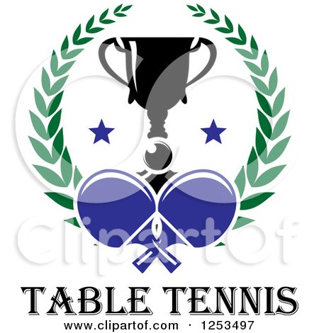 Clipart of a Ping Pong Ball and Paddles with a Trophy and Laurel Wreath over Table Tennis Text - Royalty Free Vector Illustration by Vector Tradition SM