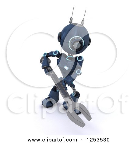 Clipart of a 3d Blue Android Robot Using a Spanner Wrench - Royalty Free Illustration by KJ Pargeter