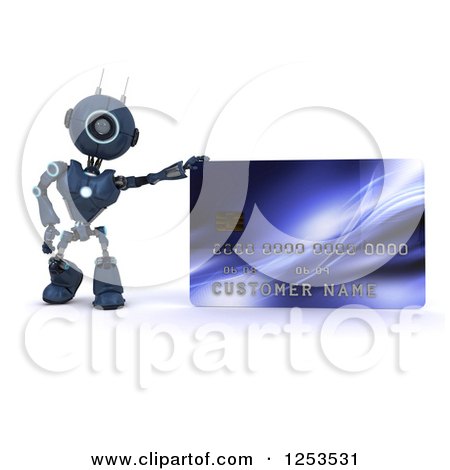 Clipart of a 3d Blue Android Robot with a Giant Credit Card - Royalty Free Illustration by KJ Pargeter