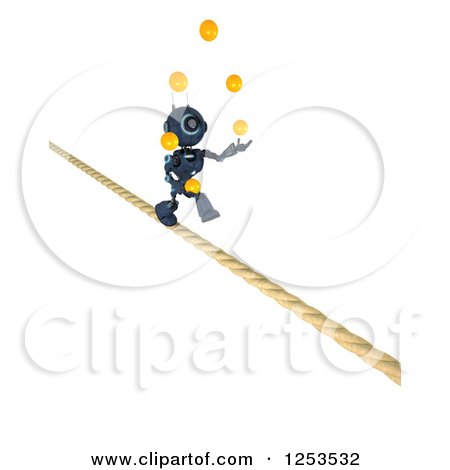 Clipart of a 3d Blue Android Robot Juggling and Crossing a Tight Rope - Royalty Free Illustration by KJ Pargeter