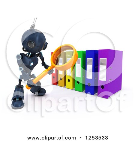 Clipart of a 3d Blue Android Robot Using a Magnifying Glass to Binders - Royalty Free Illustration by KJ Pargeter