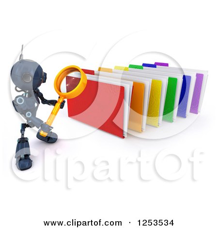 Clipart of a 3d Blue Android Robot Using a Magnifying Glass to Search Folders - Royalty Free Illustration by KJ Pargeter