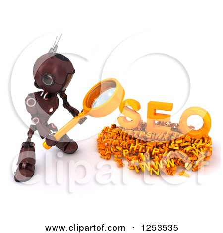 Clipart of a 3d Red Android Robot Searching over SEO - Royalty Free Illustration by KJ Pargeter