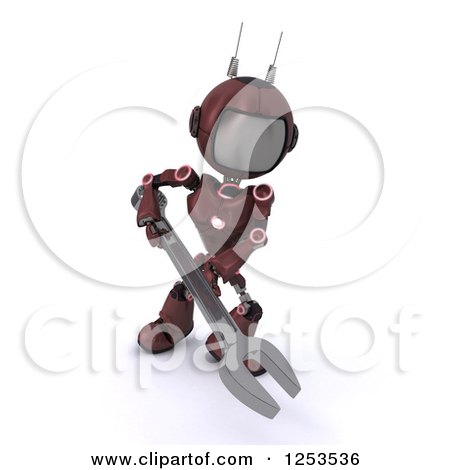 Clipart of a 3d Red Android Robot Using a Spanner Wrench - Royalty Free Illustration by KJ Pargeter