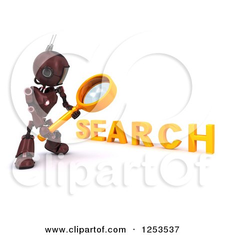 Clipart of a 3d Red Android Robot Using a Magnifying Glass to Search - Royalty Free Illustration by KJ Pargeter