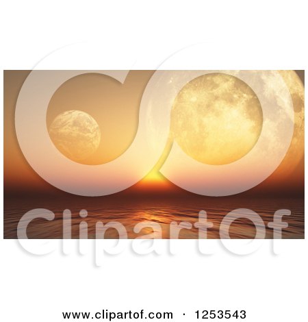 Clipart of a 3d Orange Sunset Ocean with Foregin Planets - Royalty Free Illustration by KJ Pargeter
