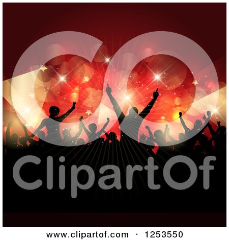 Clipart of a Silhouetted Crowd Dancing Under Flares of Red and Gold Lights and Stars - Royalty Free Vector Illustration by KJ Pargeter