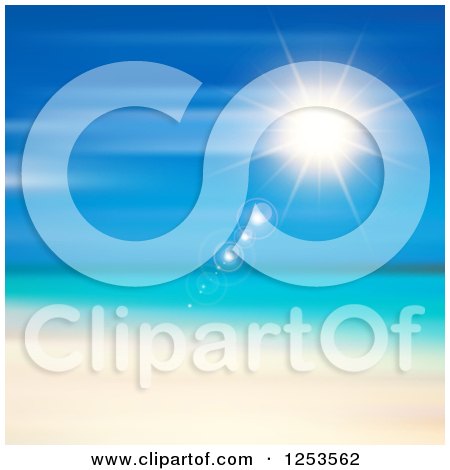 Clipart of a Sun Flare over a Tropical Sea and Beach - Royalty Free Vector Illustration by KJ Pargeter