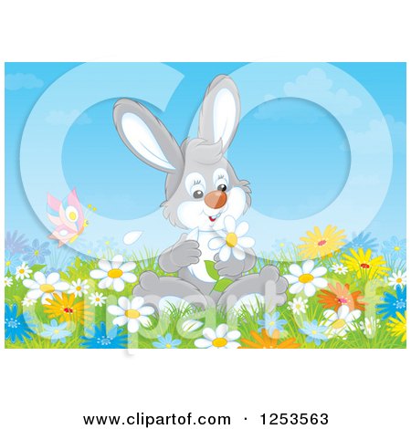 Clipart of a Rabbit Picking Flowers in a Meadow - Royalty Free Illustration by Alex Bannykh