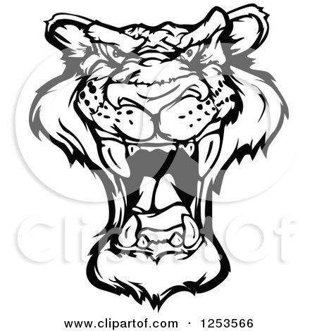 Clipart of a Black and White Roaring Panther - Royalty Free Vector Illustration by Chromaco