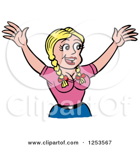Clipart of a Happy Cheering White Woman with Blond Pigtails - Royalty Free Vector Illustration by LaffToon