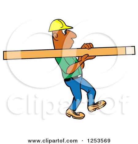 Clipart of a Black Male Carpenter Carrying a Wood Stud - Royalty Free Vector Illustration by LaffToon