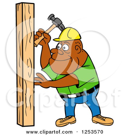 Clipart of a Black Male Carpenter Hammering a Wood Stud - Royalty Free Vector Illustration by LaffToon