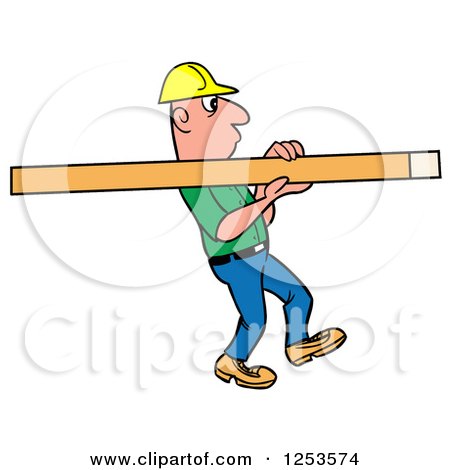 Clipart of a White Male Carpenter Carrying a Wood Stud - Royalty Free Vector Illustration by LaffToon