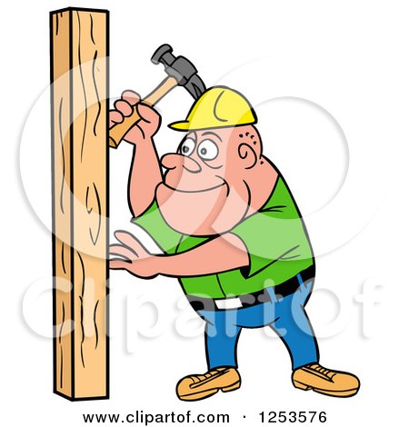 Clipart of a White Male Carpenter Hammering a Wood Stud - Royalty Free Vector Illustration by LaffToon
