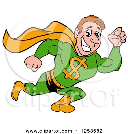 Clipart of a Grinning White Man Dollar Super Hero Running - Royalty Free Vector Illustration by LaffToon