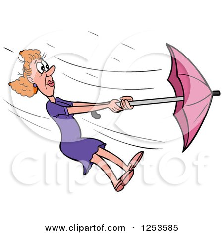 Clipart of a White Woman Struggling with an Umbrella in a Wind Storm - Royalty Free Vector Illustration by LaffToon
