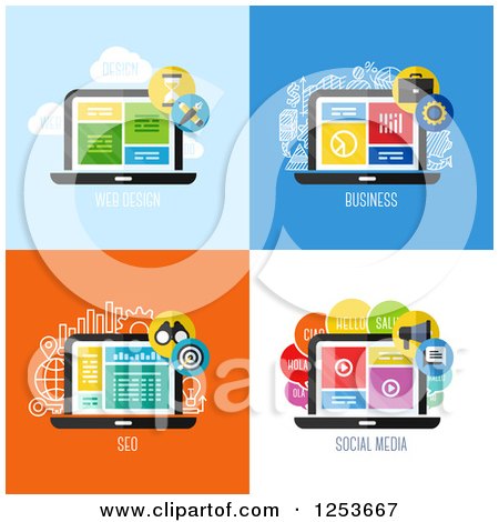 Clipart of Laptop Seo Business and Web Design Icons - Royalty Free Vector Illustration by elena