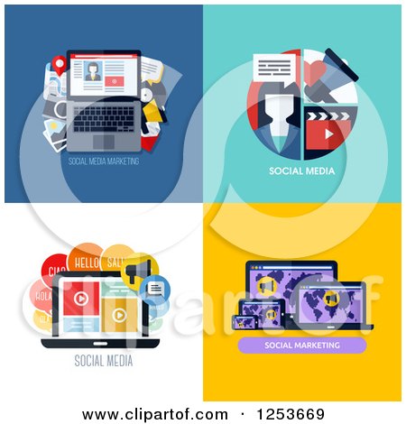 Clipart of Laptop Social Media Marketing Icons - Royalty Free Vector Illustration by elena
