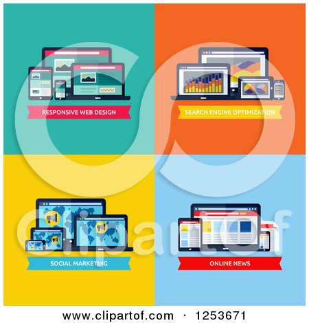 Clipart of Web Design, SEO, Social Media Marketing, and Online News Designs - Royalty Free Vector Illustration by elena