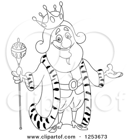 Clipart of a Black and White Line Art Design of a Welcoming King - Royalty Free Vector Illustration by yayayoyo