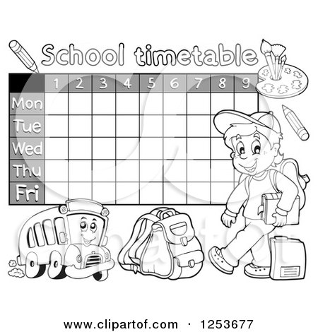 Clipart of a Grayscale Weekly School Timetable with a School Boy and Bus - Royalty Free Vector Illustration by visekart