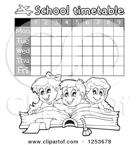 Clipart of a Grayscale Weekly School Timetable with Reading Students - Royalty Free Vector Illustration by visekart