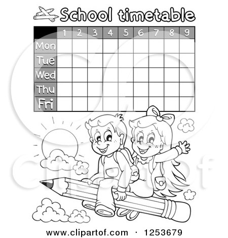 Clipart of a Grayscale Weekly School Timetable with Students Flying on a Pencil - Royalty Free Vector Illustration by visekart